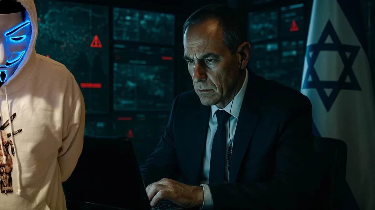 Immagine cinematografica iper-realistica che ritrae un funzionario dell’intelligence israeliana in primo piano, concentrato davanti a un laptop in una sala di comando ad alta sicurezza, con una bandiera di Israele visibile sullo sfondo e schermi digitali militari alle sue spalle. Accanto a lui, Omega Click con felpa e maschera LED stile Guy Fawkes, a suggerire uno scenario di guerra cibernetica, sorveglianza avanzata e tensione geopolitica. Perfetta per articoli su IA militare, cyberwarfare e controllo globale.