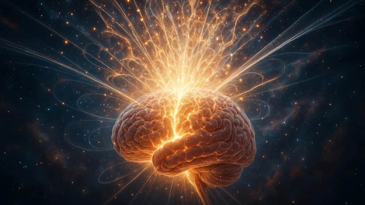 Un cervello umano iperrealistico esplode in un’esplosione di luce ed energia dorata, con filamenti luminosi che si espandono nello spazio cosmico. L’immagine rappresenta l’espansione della coscienza, unendo neuroscienza, universo e fenomeni quantistici in una scena visivamente potente e simbolica.