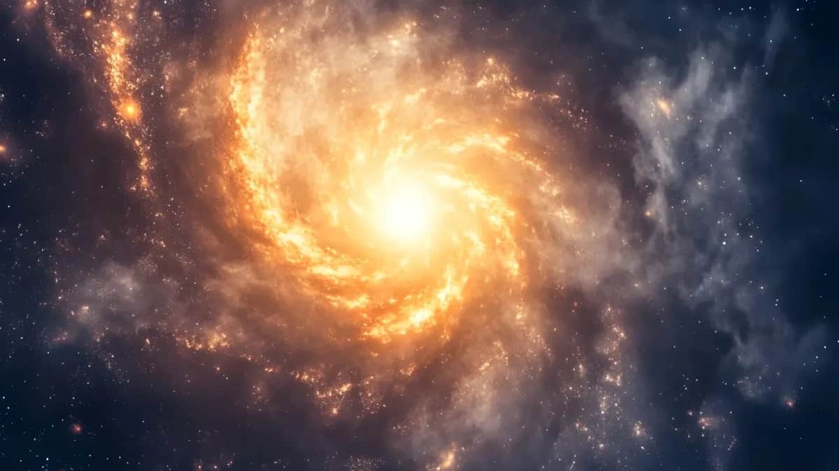 Immagine di una galassia luminosa a spirale vista dallo spazio, con un nucleo brillante circondato da bracci ricchi di stelle e polveri cosmiche.