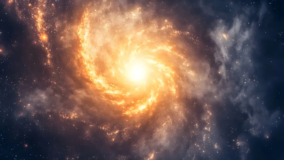 Immagine di una galassia luminosa a spirale vista dallo spazio, con un nucleo brillante circondato da bracci ricchi di stelle e polveri cosmiche.