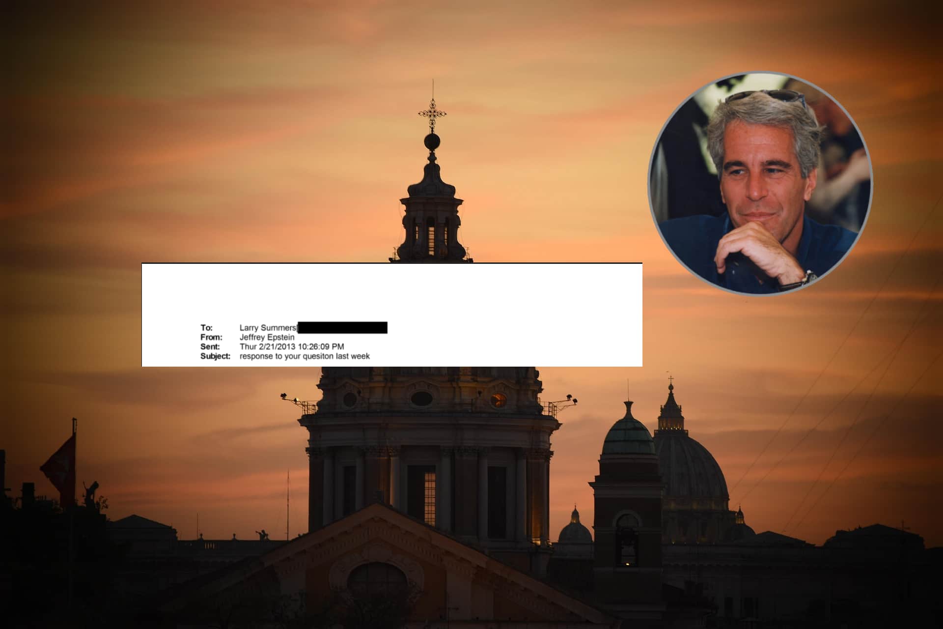 Jeffrey Epstein e intestazione di un’email del 21 febbraio 2013 con sfondo della Città del Vaticano